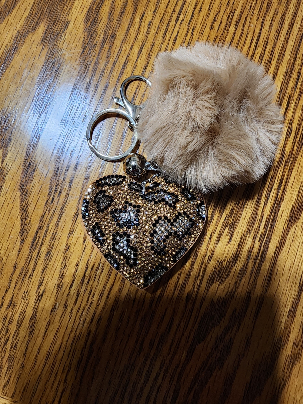 Brown Tan Leopard Print Rhinestone Heart With Pom Bag Charm Keychain